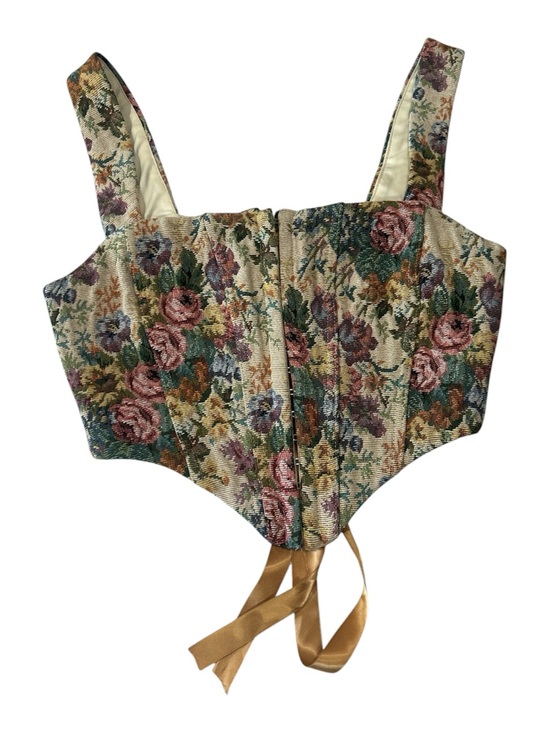 Tic Toc Tops - Tic Toc Floral Tapestry Corset Top with gold Ribbon Tie Sz S